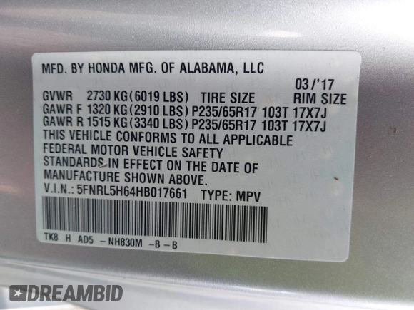 2017 Honda Odyssey EX-L with VIN 5FNRL5H64HB017661, listed as a IAAI auction lot 41719447 with 99,895 mi miles and . Bid and sale history available at DreamBid. Image 9.