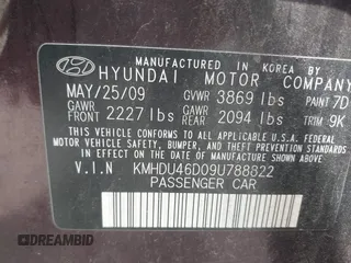 2009 Hyundai Elantra GLS with VIN KMHDU46D09U788822, listed as a IAAI auction lot 42632021 with 122,740 mi miles and . Bid and sale history available at DreamBid. Image 9.