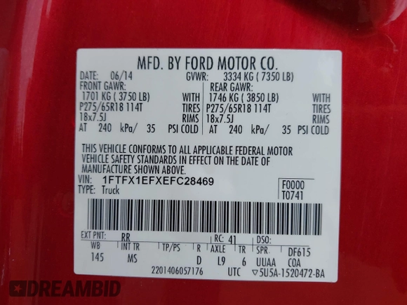 2014 Ford F-150 XL with VIN 1FTFX1EFXEFC28469, listed as a IAAI auction lot 42215331 with 198,139 mi miles and . Bid and sale history available at DreamBid. Image 9.