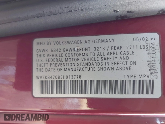 2003 Volkswagen EuroVan с VIN WV2KB47083H013778, выставлен на аукционе IAAI как лот 41537793 с пробегом 127 315 миль миль и . История ставок и продаж доступна на DreamBid. Изображение 9.