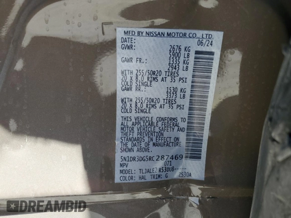 2024 Nissan Pathfinder Platinum with VIN 5N1DR3DG5RC287469, listed as a Copart auction lot 58971765 with 1,812 mi miles and Salvage title. Bid and sale history available at DreamBid. Image 13.