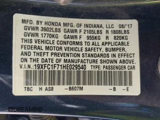 2017 Honda Civic Sedan EX-L with VIN 19XFC1F71HE029540, listed as a IAAI auction lot 41878037 with 82,064 mi miles. Bid and sale history available at carsss.com. Image 9.