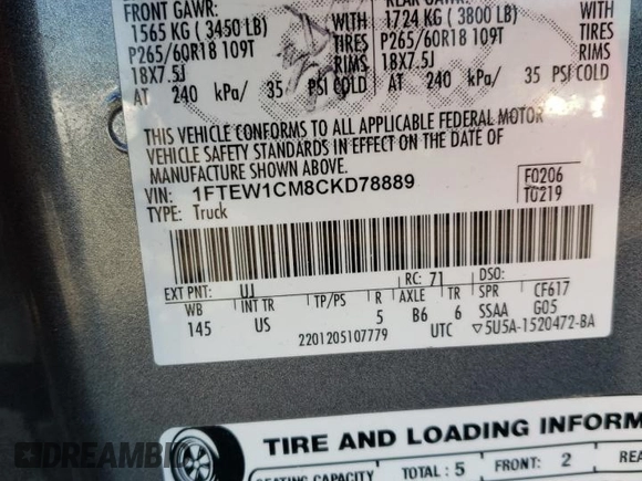2012 Ford F-150 XL z VIN 1FTEW1CM8CKD78889, wystawiony jako Copart lot #50424795 z przebiegiem 236 393 mil mil oraz Szkoda całkowita • Salvage title. Historia ofert i sprzedaży dostępna na DreamBid. Obrazek 12.