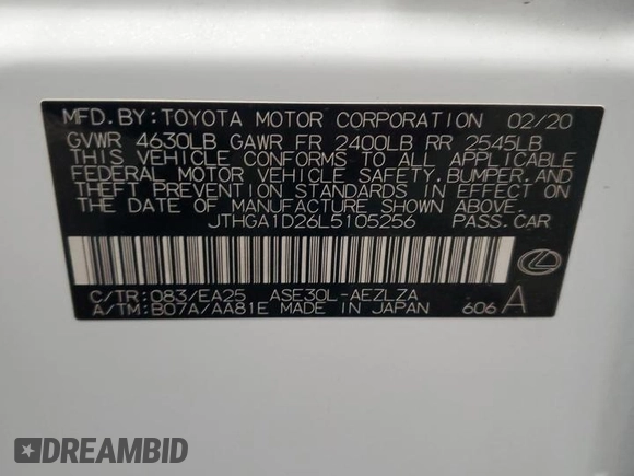 2020 Lexus IS 300 F Sport with VIN JTHGA1D26L5105256, listed as a Copart auction lot 58562945 with 75,244 mi miles and Non repairable. Bid and sale history available at DreamBid. Image 13.