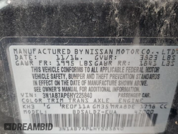 2017 Nissan Sentra S with VIN 3N1AB7AP6HY225840, listed as a Copart auction lot 60329495 with 80,529 mi miles and Salvage title. Bid and sale history available at DreamBid. Image 12.