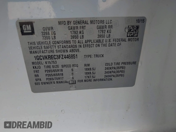 2015 Chevrolet Silverado 1500 LT with VIN 1GCVKREC3FZ446851, listed as a IAAI auction lot 41503353 with Not Provided miles and . Bid and sale history available at DreamBid. Image 9.