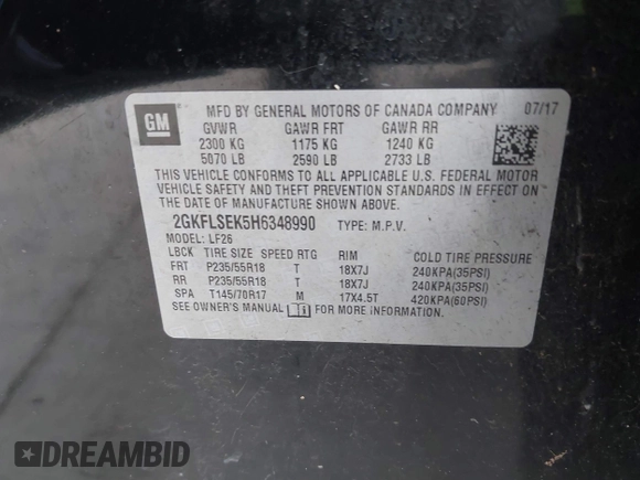 2017 GMC Terrain SLE with VIN 2GKFLSEK5H6348990, listed as a IAAI auction lot 41679135 with 83,719 mi miles. Bid and sale history available at carsss.com. Image 9.