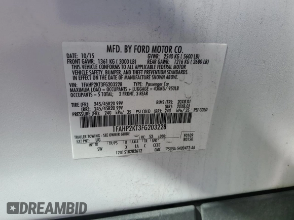 2015 Ford Taurus SHO with VIN 1FAHP2KT3FG203228, listed as a Copart auction lot 49688775 with 76,218 mi miles and Salvage Title. Bid and sale history available at DreamBid. Image 12.