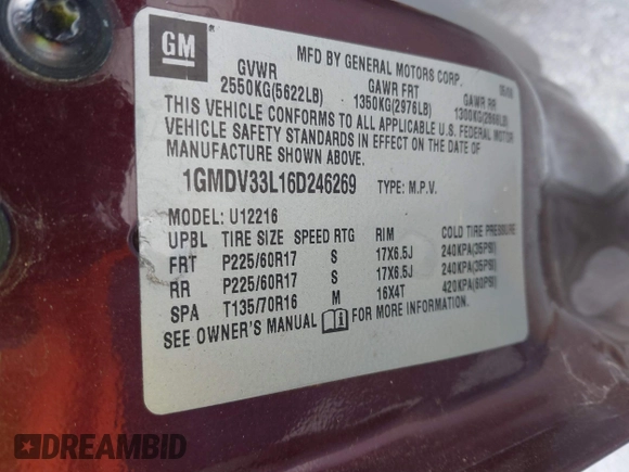 2006 Pontiac Montana SV6 with VIN 1GMDV33L16D246269, listed as a IAAI auction lot 41809717 with 199,709 mi miles. Bid and sale history available at carsss.com. Image 9.