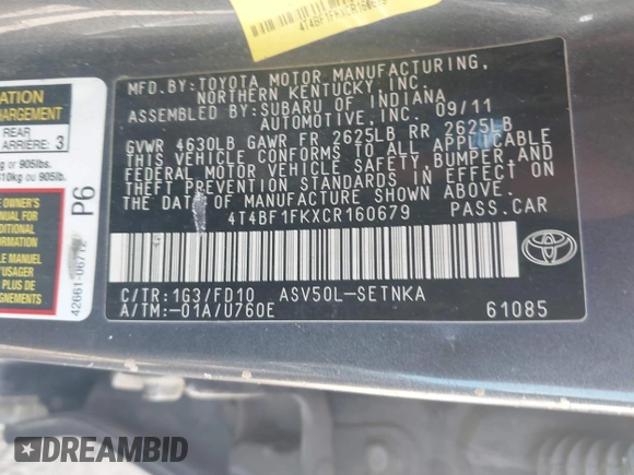 2012 Toyota Camry L with VIN 4T4BF1FKXCR160679, listed as a IAAI auction lot 42105290 with 189,062 mi miles. Bid and sale history available at carsss.com. Image 9.
