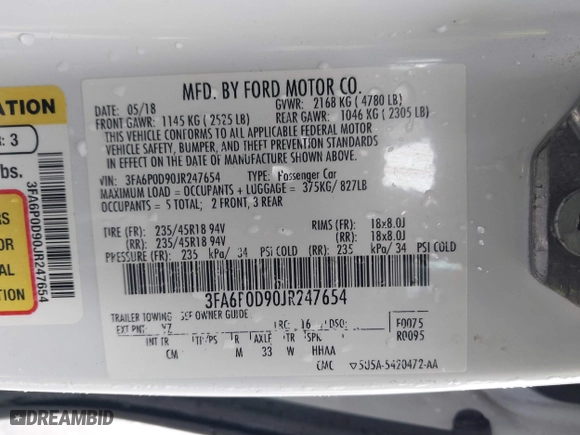 2018 Ford Fusion Titanium with VIN 3FA6P0D90JR247654, listed as a IAAI auction lot 41506643 with 100,907 mi miles. Bid and sale history available at carsss.com. Image 9.