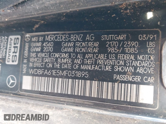 1991 Mercedes-Benz 300 with VIN WDBFA61E5MF031895, listed as a IAAI auction lot 41999490 with Not Provided miles and . Bid and sale history available at DreamBid. Image 9.