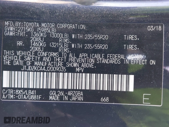 2018 Lexus RX 350L Premium with VIN JTJDZKCA4J2009035, listed as a IAAI auction lot 42636998 with 108,555 mi miles and . Bid and sale history available at DreamBid. Image 9.
