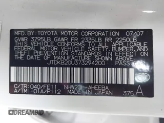 2007 Toyota Prius with VIN JTDKB20U373294200, listed as a IAAI auction lot 41990060 with 117,924 mi miles. Bid and sale history available at carsss.com. Image 9.