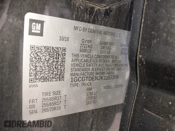 2019 Chevrolet Colorado 4WD Z71 with VIN 1GCGTDEN2K1157205, listed as a IAAI auction lot 42436614 with 115,801 mi miles and . Bid and sale history available at DreamBid. Image 9.