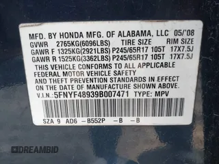 2009 Honda Pilot Touring with VIN 5FNYF48939B007471, listed as a IAAI auction lot 41683495 with 189,806 mi miles and . Bid and sale history available at carsss.com. Image 9.