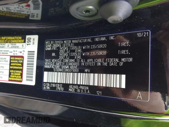 2022 Toyota Sienna XSE with VIN 5TDDRKEC8NS079069, listed as a IAAI auction lot 42231512 with 121,494 mi miles and . Bid and sale history available at DreamBid. Image 9.