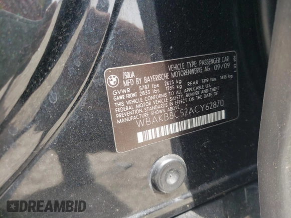 2010 BMW 7 Series 750Li z VIN WBAKB8C52ACY62870, wystawiony jako Copart lot #32775902 z przebiegiem 119 832 mil mil oraz Szkoda całkowita • Salvage title. Historia ofert i sprzedaży dostępna na DreamBid. Obrazek 10.