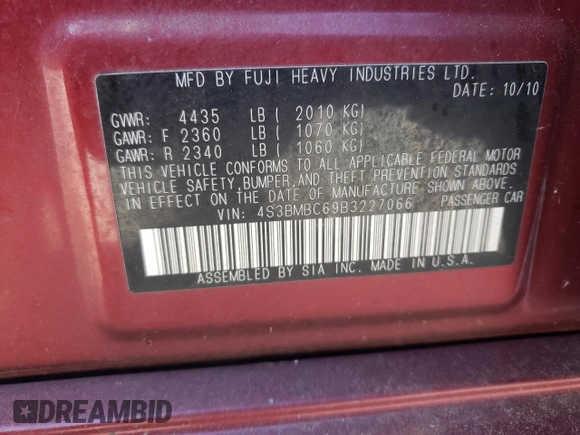 2011 Subaru Legacy Premium with VIN 4S3BMBC69B3227066, listed as a Copart auction lot 56559185 with 57,100 mi miles and Non repairable. Bid and sale history available at DreamBid. Image 12.