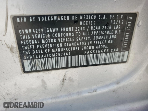 2013 Volkswagen Jetta TDI w/Premium with VIN 3VWLL7AJ9DM257467, listed as a Copart auction lot 49303315 with 168,001 mi miles and Clean title. Bid and sale history available at DreamBid. Image 13.