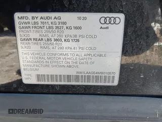 2021 Audi e-tron Premium Plus with VIN WA1LAAGE4MB010570, listed as a IAAI auction lot 41398464 with 67,721 mi miles. Bid and sale history available at carsss.com. Image 9.