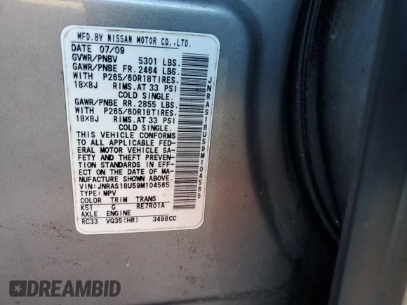 2009 Infiniti FX z VIN JNRAS18U59M104565, wystawiony jako Copart lot #46276715 z przebiegiem 202 008 mil mil oraz Szkoda całkowita • Salvage title. Historia ofert i sprzedaży dostępna na DreamBid. Obrazek 13.