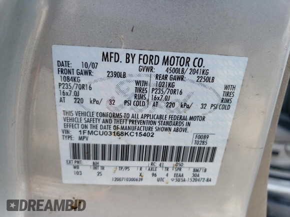 2008 Ford Escape XLT с VIN 1FMCU03168KC15402, выставлен на аукционе Copart как лот 61370205 с пробегом 215 441 миль миль и Чистый • Clean title. История ставок и продаж доступна на DreamBid. Изображение 12.