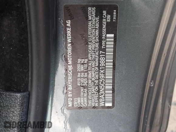 2015 BMW 4 Series 428i xDrive with VIN WBA3N5C59FK198817, listed as a Copart auction lot 50234525 with 134,233 mi miles and Salvage title. Bid and sale history available at DreamBid. Image 14.