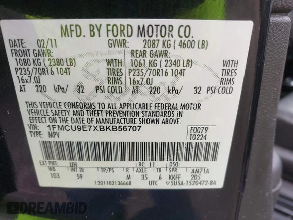 2011 Ford Escape Limited с VIN 1FMCU9E7XBKB56707, выставлен на аукционе IAAI как лот 42475065 с пробегом 202 554 миль миль и . История ставок и продаж доступна на DreamBid. Изображение 9.