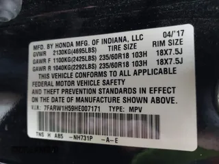 2017 Honda CR-V EX with VIN 7FARW1H59HE007171, listed as a IAAI auction lot 42033941 with 134,227 mi miles and . Bid and sale history available at carsss.com. Image 9.