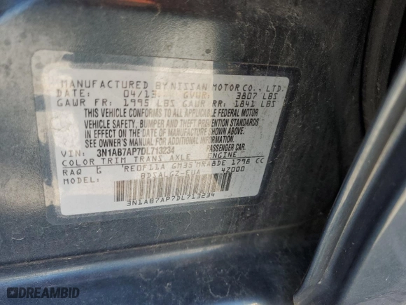 2013 Nissan Sentra SL with VIN 3N1AB7AP7DL713234, listed as a Copart auction lot 51840225 with 184,248 mi miles and Salvage Title. Bid and sale history available at carsss.com. Image 12.