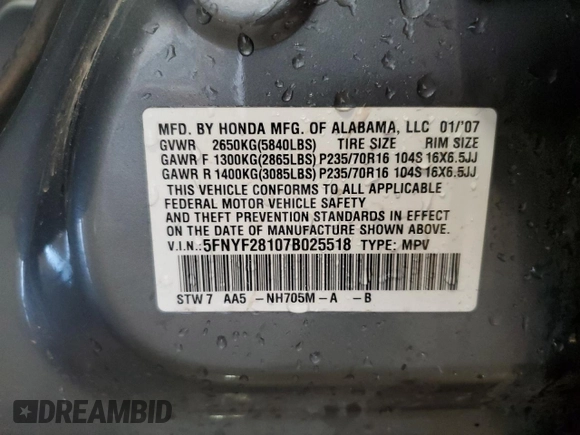 2007 Honda Pilot LX z VIN 5FNYF28107B025518, wystawiony jako Copart lot #58331775 z przebiegiem 130 641 mil mil oraz Nie do naprawy • Non repairable. Historia ofert i sprzedaży dostępna na DreamBid. Obrazek 13.