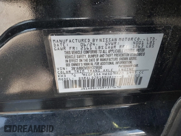 2024 Nissan Sentra SV with VIN 3N1AB8CV0RY379690, listed as a IAAI auction lot 42102042 with 12,099 mi miles and . Bid and sale history available at DreamBid. Image 9.