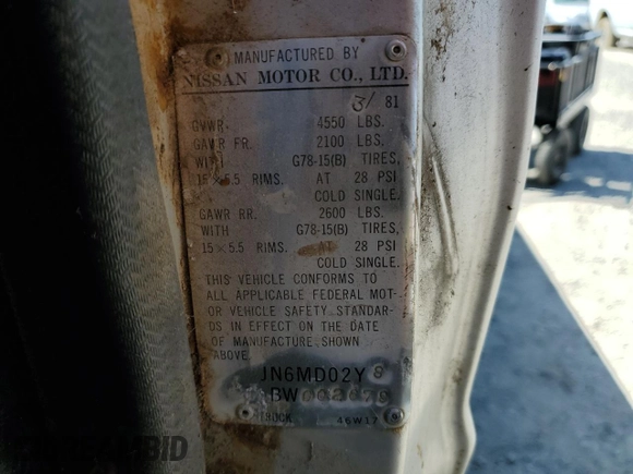 1981 Datsun 720 z VIN JN6MD02Y8BW002679, wystawiony jako Copart lot #54803875 z przebiegiem 109 018 mil mil oraz Tytuł czysty. Historia ofert i sprzedaży dostępna na DreamBid. Obrazek 12.