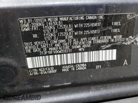 2019 Toyota RAV4 XLE with VIN 2T3P1RFV0KW059311, listed as a Copart auction lot 59777515 with Not provided miles and Salvage title. Bid and sale history available at DreamBid. Image 13.