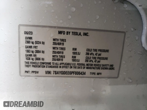 2023 Tesla Model Y Long Range with VIN 7SAYGDEE6PF806434, listed as a Copart auction lot 51455035 with Not Provided miles and Salvage Title. Bid and sale history available at DreamBid. Image 12.