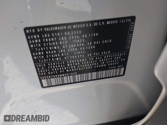 2021 Volkswagen Tiguan SE with VIN 3VV3B7AX9MM051920, listed as a IAAI auction lot 41826721 with 127,699 mi miles and . Bid and sale history available at DreamBid. Image 9.