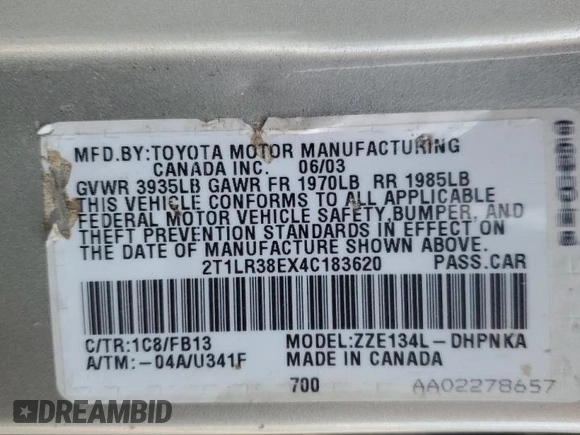 2004 Toyota Matrix Std with VIN 2T1LR38EX4C183620, listed as a Copart auction lot 51383455 with 198,121 mi miles and Clean Title. Bid and sale history available at carsss.com. Image 12.
