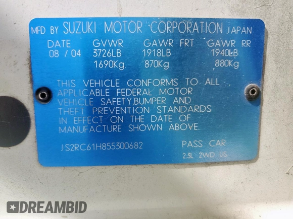 2005 Suzuki Aerio SX with VIN JS2RC61H855300682, listed as a Copart auction lot 49567765 with 151,264 mi miles and Clean Title. Bid and sale history available at DreamBid. Image 13.