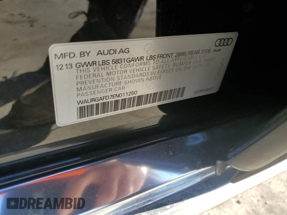 2014 Audi A8 3.0T with VIN WAURGAFD7EN011250, listed as a Copart auction lot 83664654 with 102,924 mi miles and Salvage title. Bid and sale history available at DreamBid. Image 12.