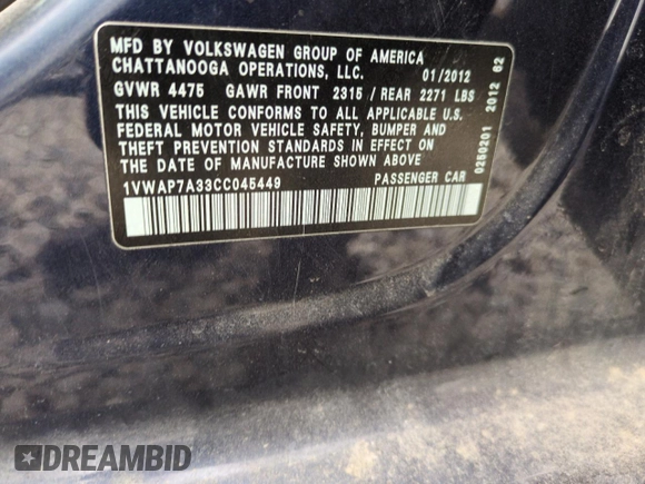 2012 Volkswagen Passat S w/Appearance with VIN 1VWAP7A33CC045449, listed as a Copart auction lot 43658825 with 274,973 mi miles and Salvage Title. Bid and sale history available at carsss.com. Image 13.