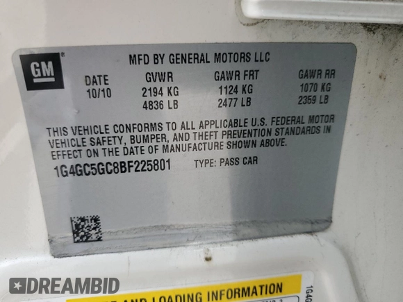 2011 Buick LaCrosse CXL with VIN 1G4GC5GC8BF225801, listed as a Copart auction lot 47377985 with 100,620 mi miles and Salvage title. Bid and sale history available at DreamBid. Image 12.
