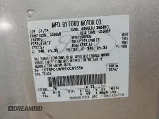 2005 Ford F-150 STX z VIN 1FTRF04W05KC85556, wystawiony jako Copart lot #83096844 z przebiegiem 190 436 mil mil oraz Szkoda całkowita • Salvage title. Historia ofert i sprzedaży dostępna na DreamBid. Obrazek 12.