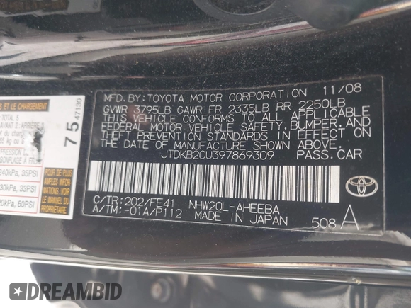 2009 Toyota Prius with VIN JTDKB20U397869309, listed as a IAAI auction lot 42104160 with 194,283 mi miles. Bid and sale history available at carsss.com. Image 9.
