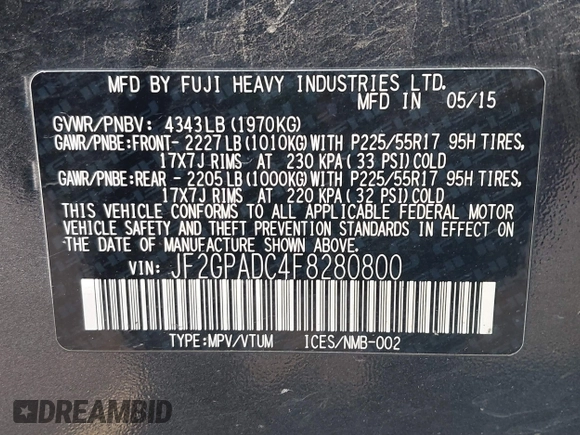 2015 Subaru Crosstrek Premium with VIN JF2GPADC4F8280800, listed as a IAAI auction lot 41680863 with 146,795 mi miles and . Bid and sale history available at DreamBid. Image 9.