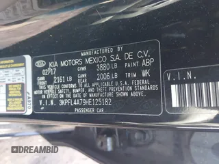 2017 Kia Forte S with VIN 3KPFL4A79HE125182, listed as a IAAI auction lot 41160149 with 89,242 mi miles and . Bid and sale history available at DreamBid. Image 9.