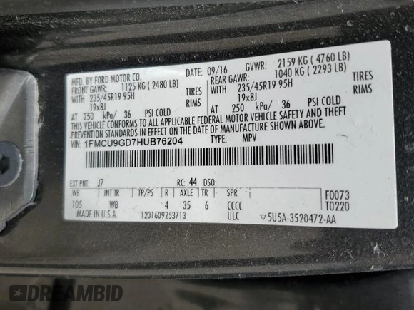 2017 Ford Escape SE z VIN 1FMCU9GD7HUB76204, wystawiony jako Copart lot #58334725 z przebiegiem Nie podano mil oraz Szkoda całkowita • Salvage title. Historia ofert i sprzedaży dostępna na DreamBid. Obrazek 12.