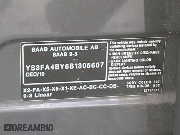 2011 Saab 9-3 z VIN YS3FA4BY6B1305607, wystawiony jako Copart lot #79955784 z przebiegiem 178 541 mil mil oraz Tytuł czysty. Historia ofert i sprzedaży dostępna na DreamBid. Obrazek 12.
