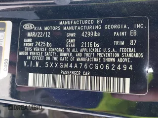 2012 Kia Optima LX with VIN 5XXGM4A76CG062494, listed as a IAAI auction lot 41316241 with 156,048 mi miles and . Bid and sale history available at carsss.com. Image 9.