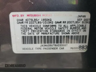 2008 Mitsubishi Lancer DE with VIN JA3AU26U78U033997, listed as a Copart auction lot 52123644 with 204,653 mi miles and Non Repairable. Bid and sale history available at carsss.com. Image 12.